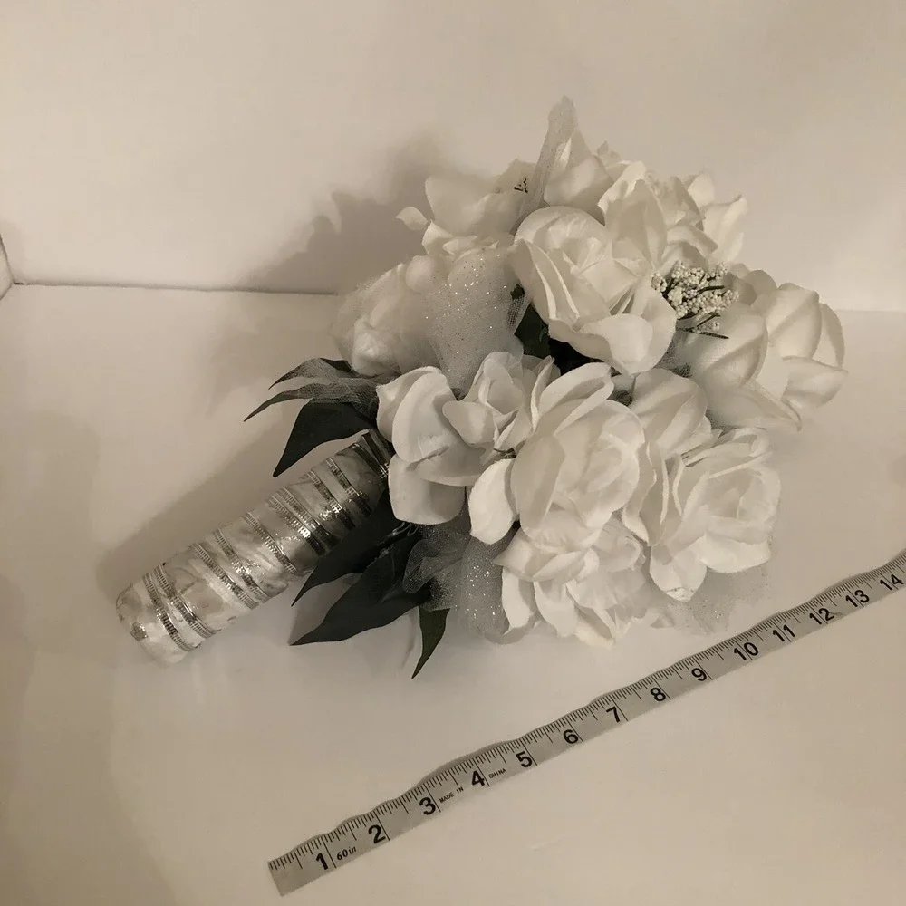 Silk Bridal Bouquet White Roses 10